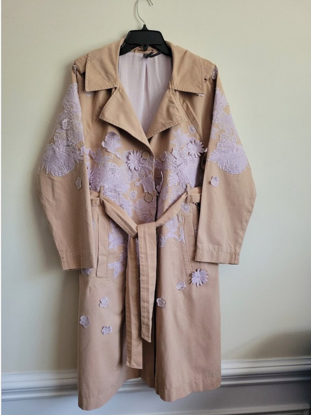 Anthropologie Cotton Embroidered Floral Belted Side Pockets Trench Coat size S - Picture 5 of 10